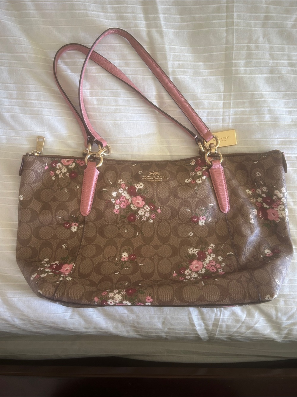 Coach Brown Signature Floral Shoulder Bag with Pink Accents